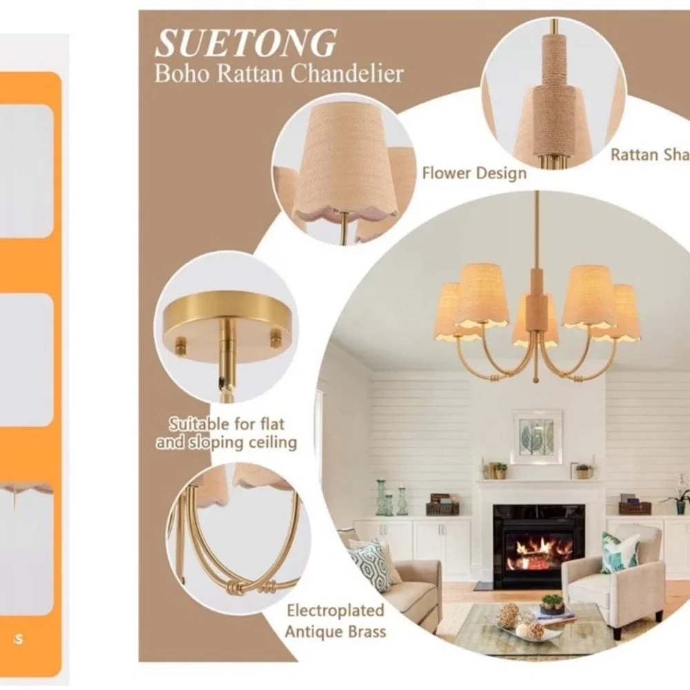NIB Boho Rattan Chandelier Fabric Shade Antique Gold Brass 5-Lights Hemp Rope